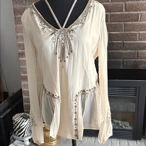 Haute Hippie Cream Beaded Long-Sleeve Tunic